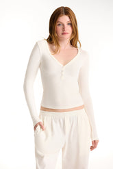 RIBBED MODAL BODY HENLEY - BLANC